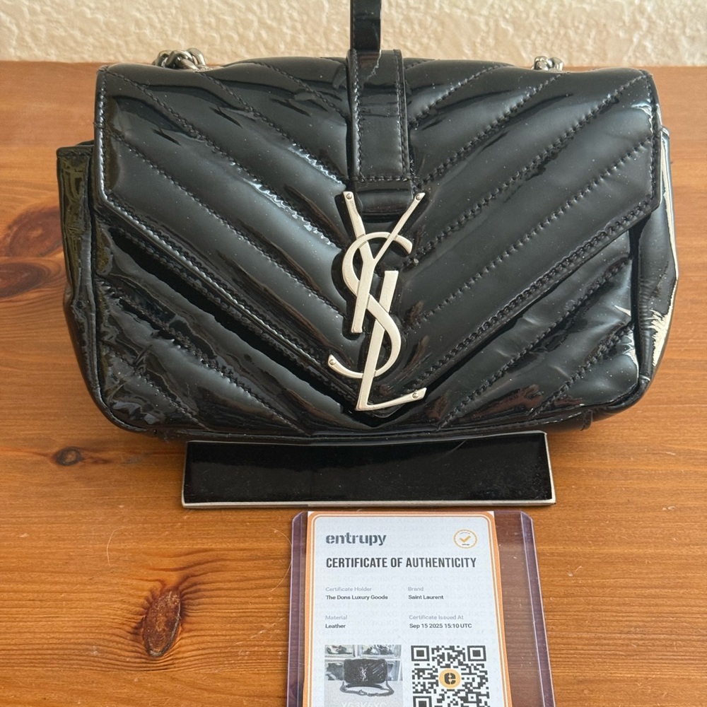 Saint Laurent YSL Black Patent Chevon Classic Baby Chain Bag With COA